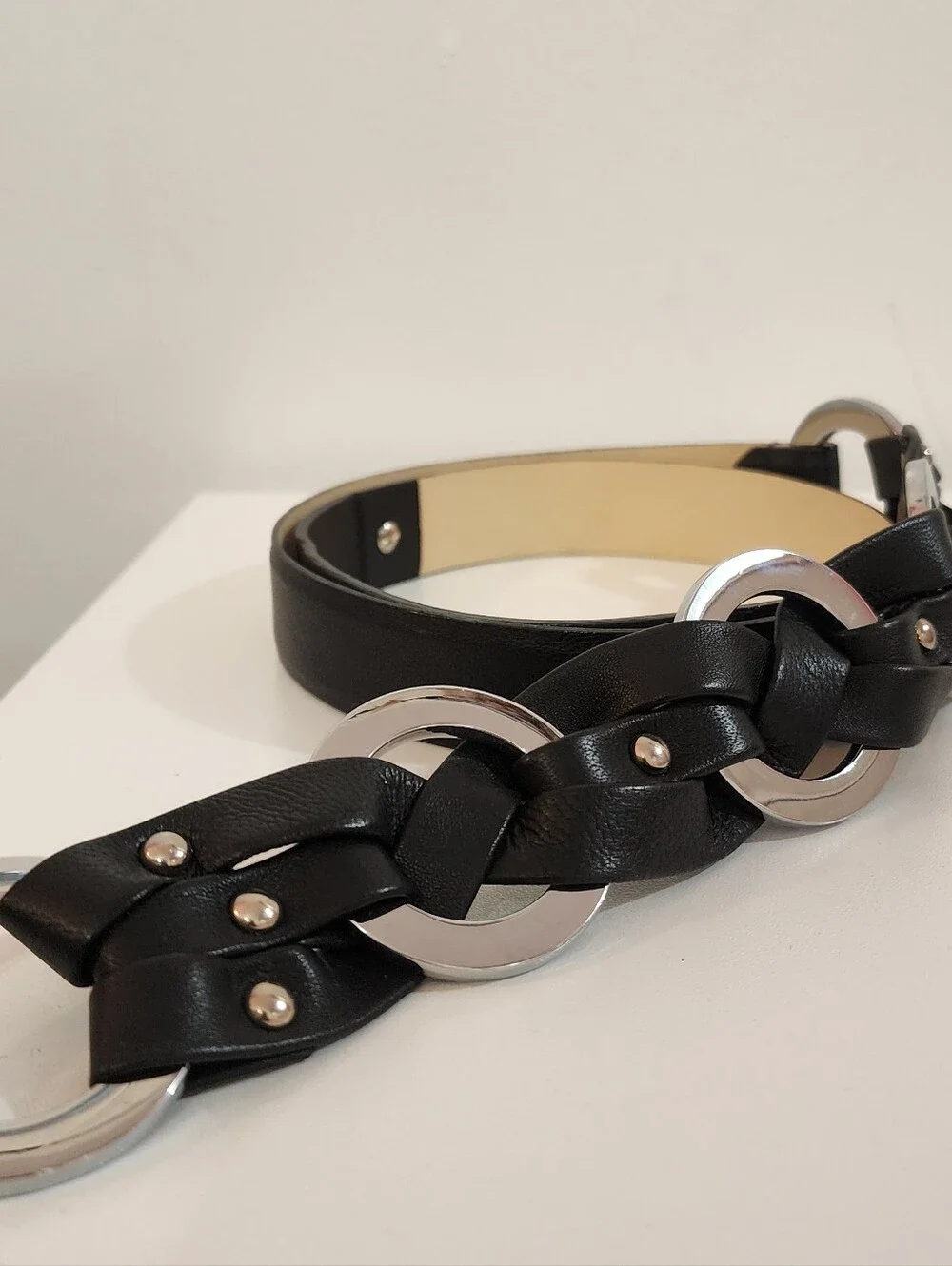Worth Black Interwoven Leather Belt with Silver Rings